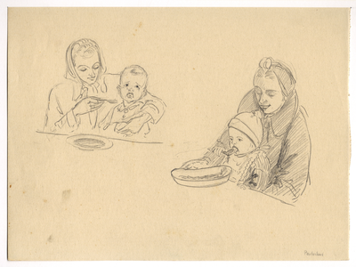 39696 Afbeelding van twee moeders met een etend kind op schoot in de uitdeelpost Paulushuis te Utrecht.